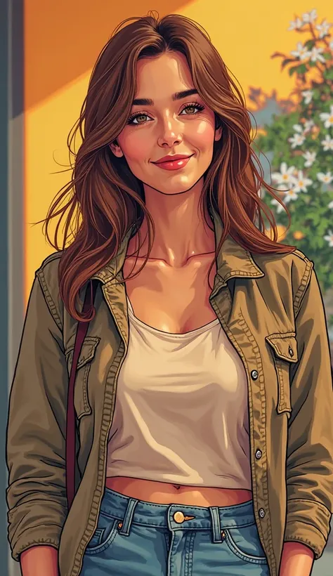 DISCREET image. with discreet casual clothes. image adult woman, american, comic book style. SHE IS HAPPY AND GRATEFUL, with a discreet smile.  She is a Taurus sign.  IMAGES WITH VIBRANT COLORS.