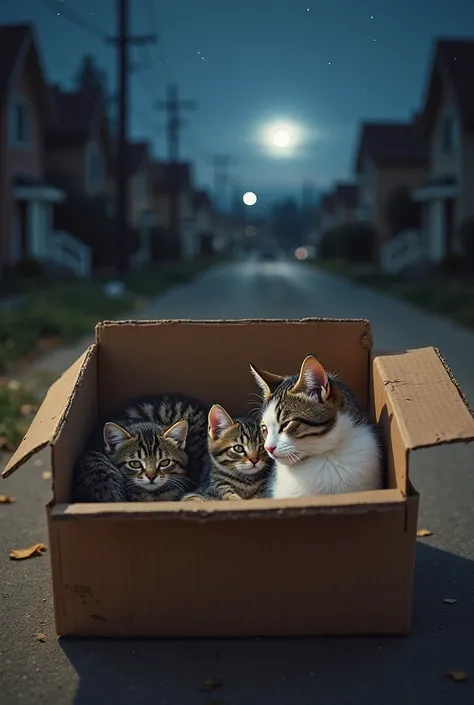 The mother cat and three kittens cuddling together in their cardboard box as night falls. The moonlight shines softly down, casting a gentle glow on the family. The kittens are nestled together, and the mother cat is lying next to them, keeping them warm. ...