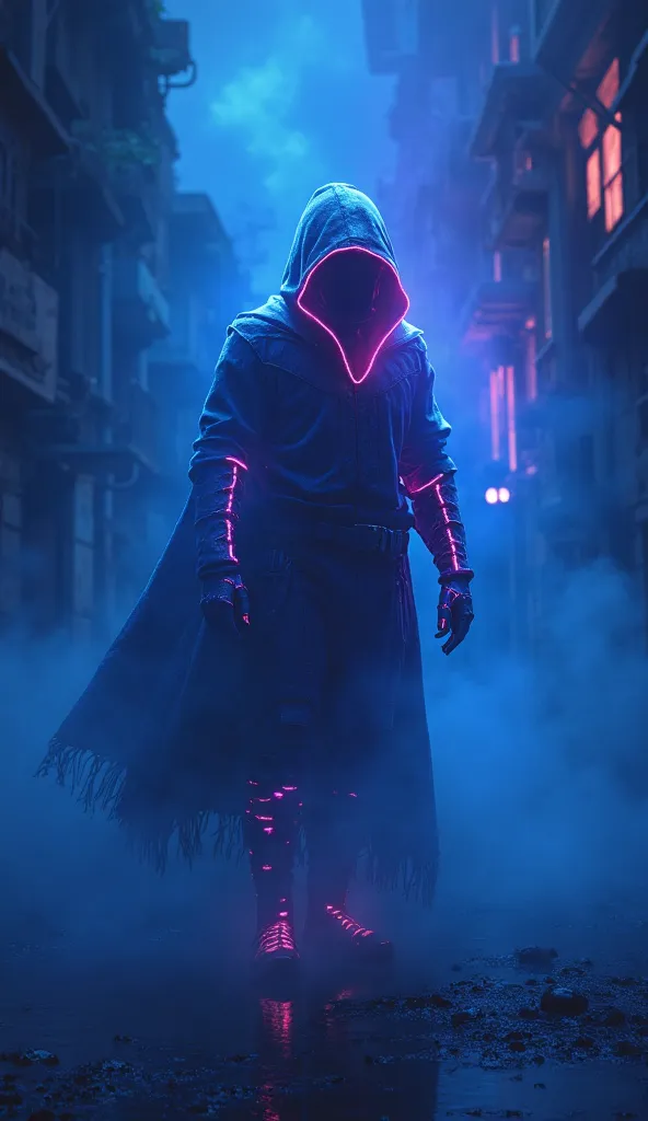 High-resolution 4K digital art depicting a mesmerizing dark neon guardian background, with vibrant, electric blue and purple hues illuminating the shadows, set against a dark, misty atmosphere, evoking a sense of mystery and futuristic ambiance, with subtl...