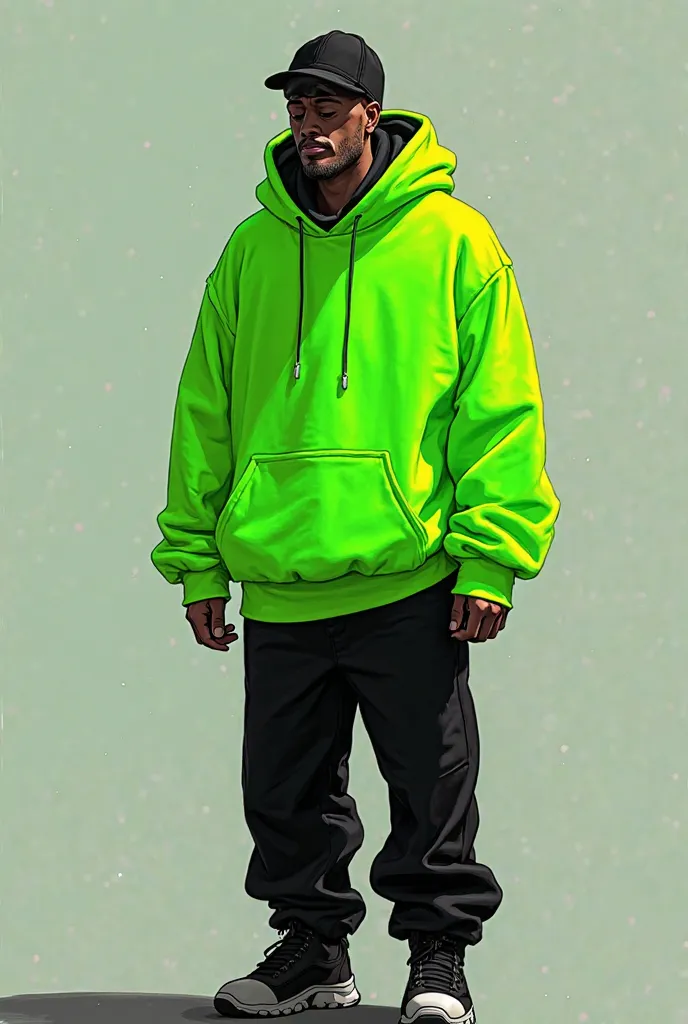 Create a character with a fluorescent green sweater with a black cap and black pants