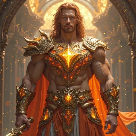 Make a 3d full body hyper photorealistic character of the hero. incredibly handsome and extremely muscular body builder with narrow waist and big muscular legs and big well rounded buttocks. Wearing small crown band. Medium length reddish blond loose curly...