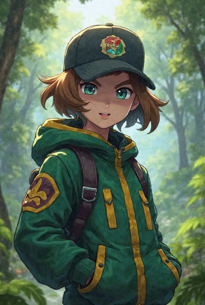 A Pokemon trainer with brown hair,a black cap with a Zygarde z printed, a green or black jacket with yellow eyes 