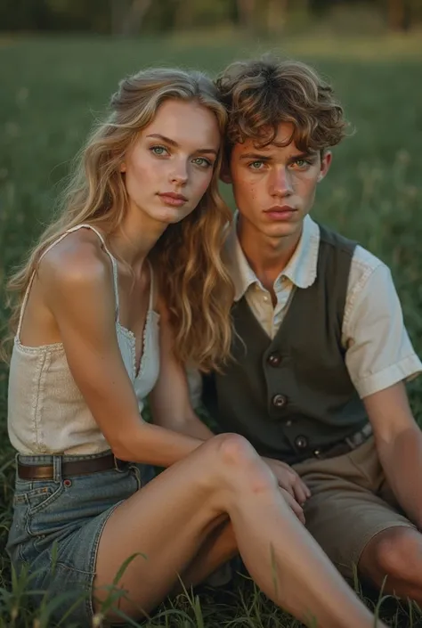 A very realistic photo of an eighteen year old girl and boy from the 1930s. She is beautiful with emerald green eyes and long slightly wavy blonde hair. She has a thin, slender form. He is handsome with blue eyes and slightly wavy short light brown hair. H...