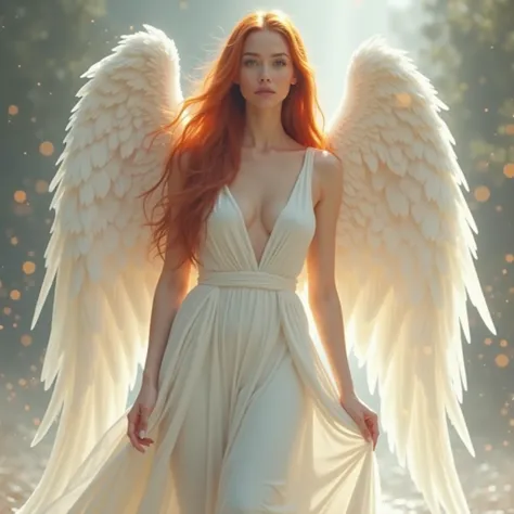 Réaliste ange
Femme ange, cheveux roux raides, robe longue blanche décolleté, ailes blanches