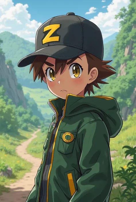 A Pokemon trainer with brown hair,a black cap with a Z printed, a green or black jacket with yellow eyes 