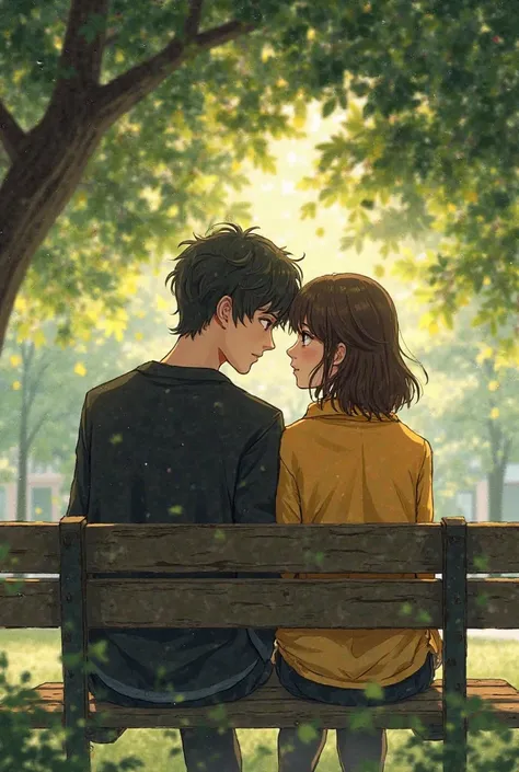 My boyfriend and I are under a tree in high school sitting on a bench. He wears black and I wear yellow and black clothes. His hair is black and short and I have brown hair and I am of medium length 