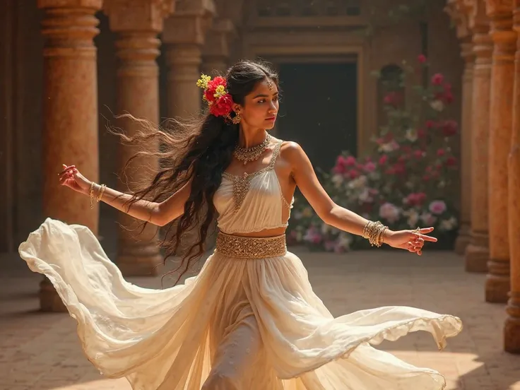 A Indian dancing girl, her hair adorned with flowers and dressed in white, performing an Indian dance.