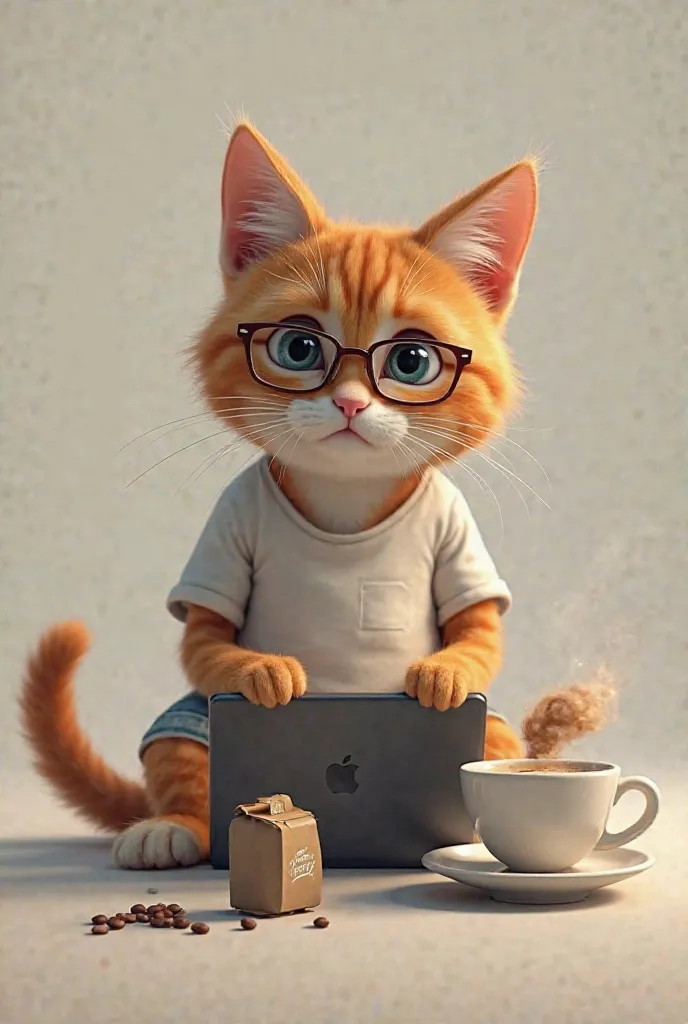 Create an anthropomorphic real cat looking forward dressed in shorts and t-shirt with glasses looking at the screen with a cup of coffee don't hand with a coffee pack on the table