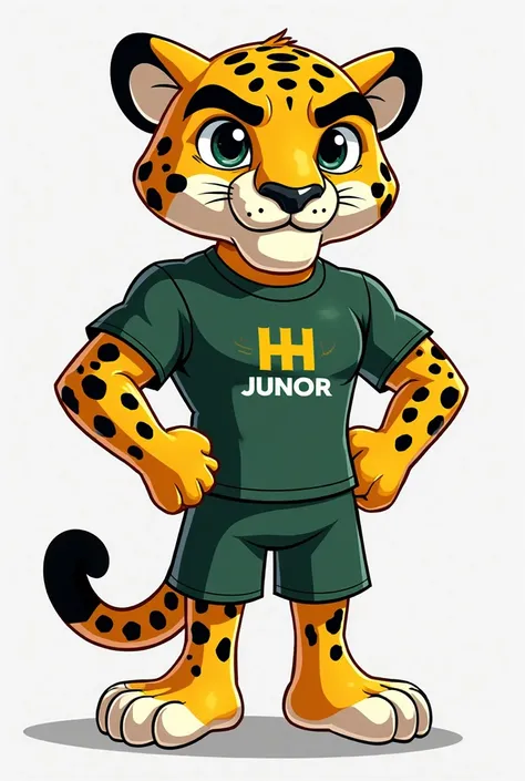 Create a male jaguars mascot, stylized, full body, with a charismatic and dynamic look. He must be around 20 years old, with an athletic and well-defined size, transmitting force, intelligence and leadership. His face must have expressive features, determi...