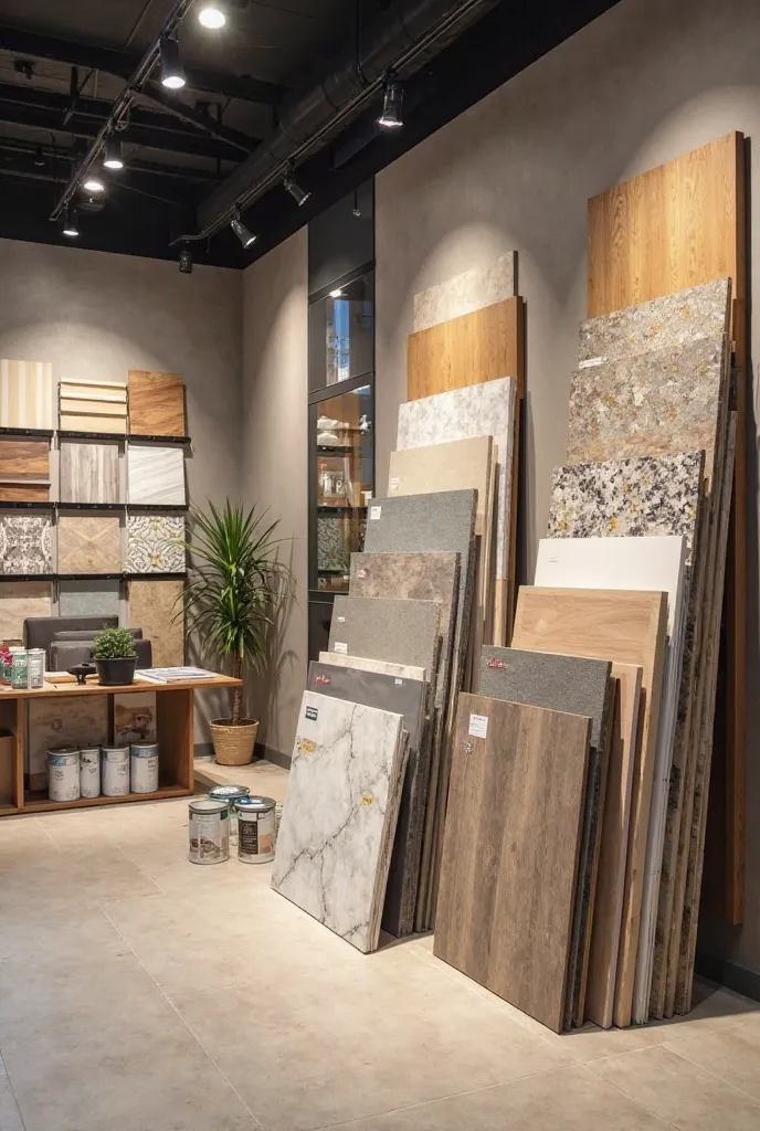 A well-organized showroom displaying a variety of high-quality finishing materials for construction. The image includes a selection of tiles in different textures, colors, and patterns, neatly arranged. Nearby, several paint cans in various shades are plac...