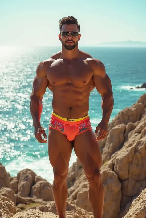 A shirtless man with a muscular build, wearing colored Speedo and sunglasses, posing confidently on rocks by the sea. The sun is out, casting a bright light over the scene