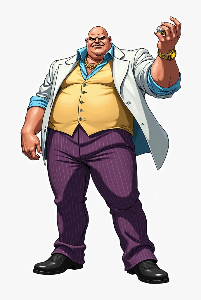 Marvel comics the kingpin wilson fisk, tall bara male wuth wide shoulders, muscular with pot belly, bald head with clean shave, white suit with purple stripped trouser,inner light blue shirt, yellow waist coat, golden wrist watch and expensive diamond and ...