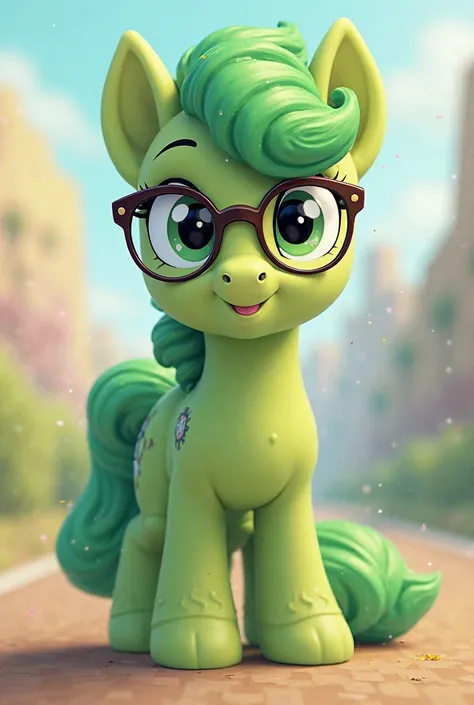  a green pony from "my little pony" with glasses, and cutiemark was bicycle, male pony