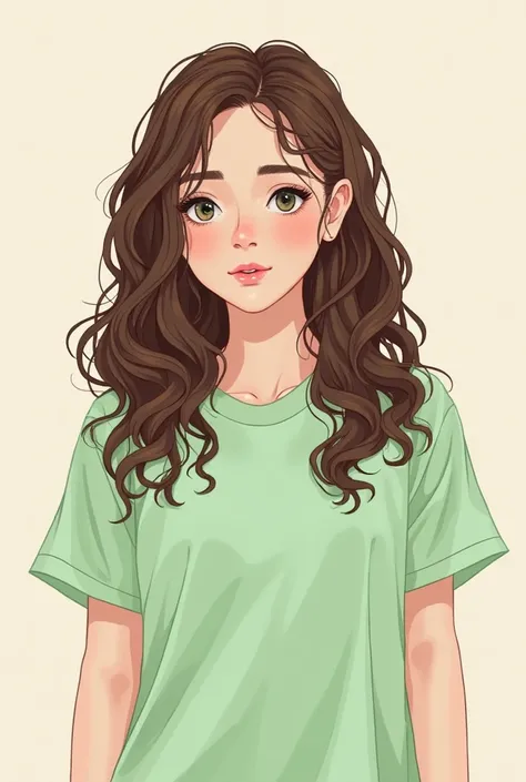 I want an illustration of a girl who can only be seen from the middle up her body, with a light green t-shirt, Who has long brown hair with curlers, but let it be a drawing, not be seen so much that it doesn't look like a real person, Don't let the face be...