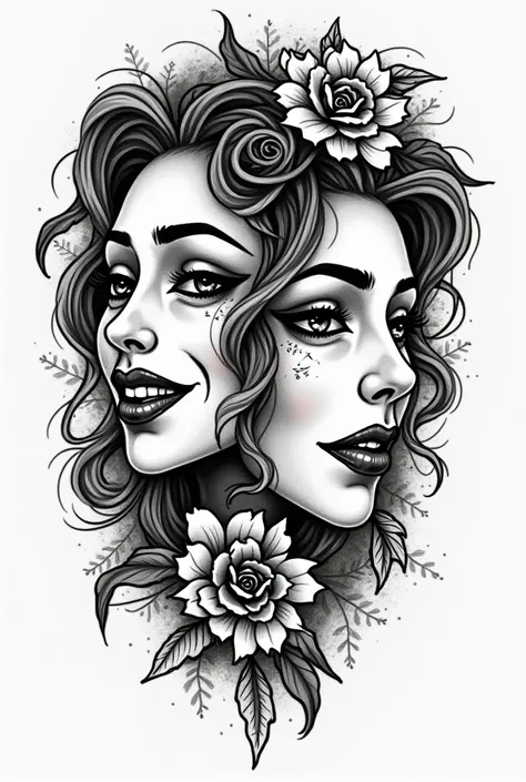 Chicano style tattoo template. The motif of a laughing and a sad mask. The motif should be black and white. The masks should be female. The female masks should be kept in hasta la müarta style. if you could take into account the diaz of Müarta. The tattoo ...