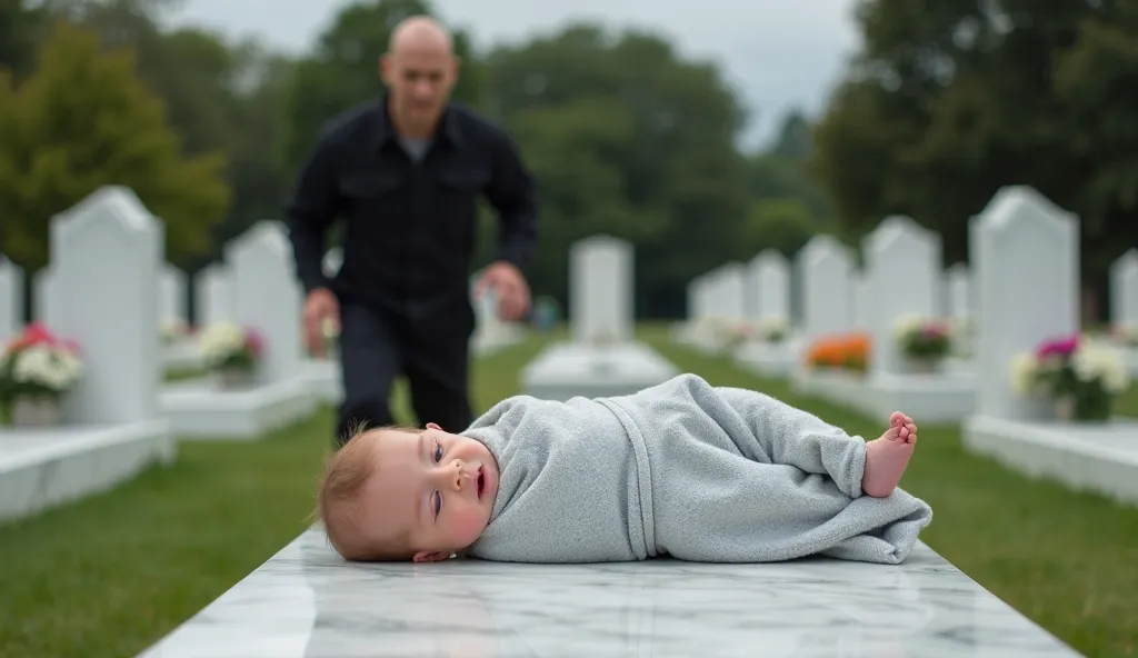 Image is a high-resolution photograph set in a cemetery with neatly arranged gravestones. In the foreground, a baby wrapped in a light gray blanket lies on a white marble tombstone, . The tombstone is polished and reflects light subtly. In the background, ...