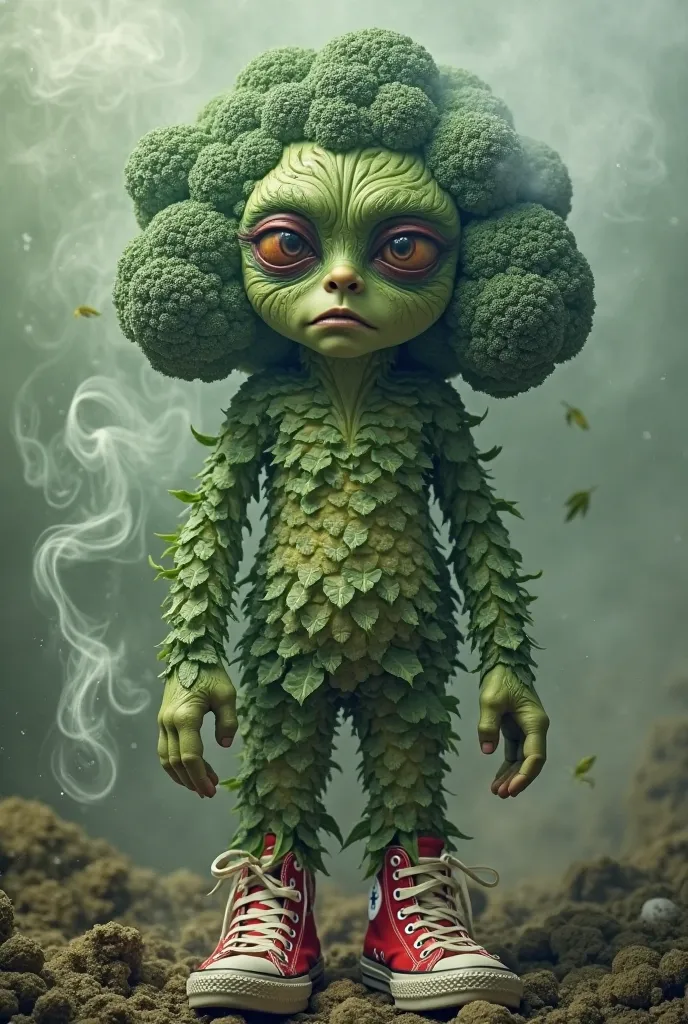 Can you draw a broccoli man whose eyes are fried from smoke wearing red converse shoes and smoking marijuana