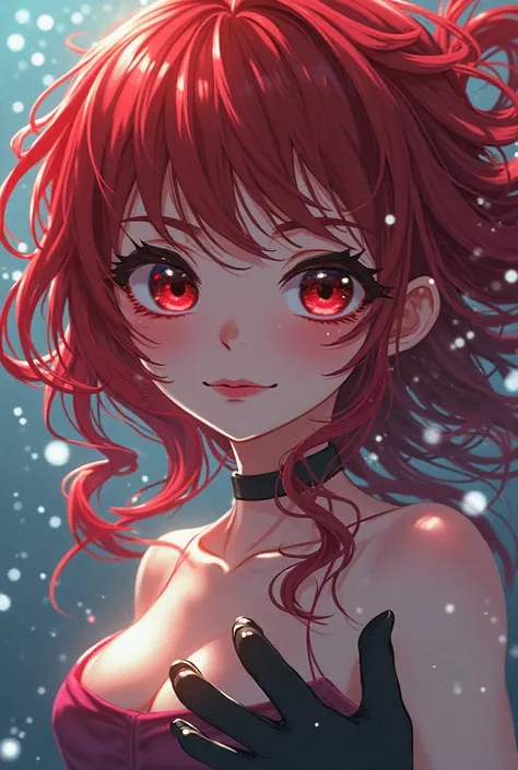 Make a female character in the cartoon style of the anime Boku no Hero with the following categories: Red hair that floats as if the hair were in the water ,  white skin, red eyes, black nails and black hands as if they were rays