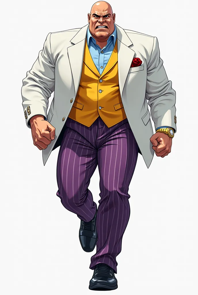 Marvel comics the kingpin wilson fisk, tall bara male wuth wide shoulders, muscular with pot belly, bald head with clean shave, white suit with purple stripped trouser,inner light blue shirt, yellow waist coat, golden wrist watch and expensive diamond and ...