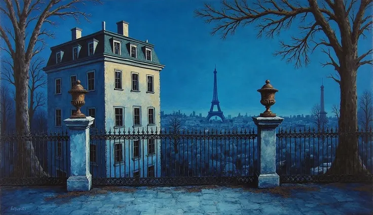 Image is a painting with a surreal and abstract style, featuring a predominantly blue color palette. The layout is vertical, depicting a nighttime urban scene. In the foreground, there is a wrought iron fence with two stone pillars, each topped with a deco...