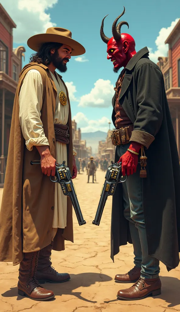 A hyper-realistic, cinematic Wild West-style illustration of Jesus Christ and the Devil in a dramatic showdown. Jesus, dressed as a noble cowboy, wears a long dust coat, a wide-brimmed hat casting a shadow over His compassionate but determined eyes, and a ...