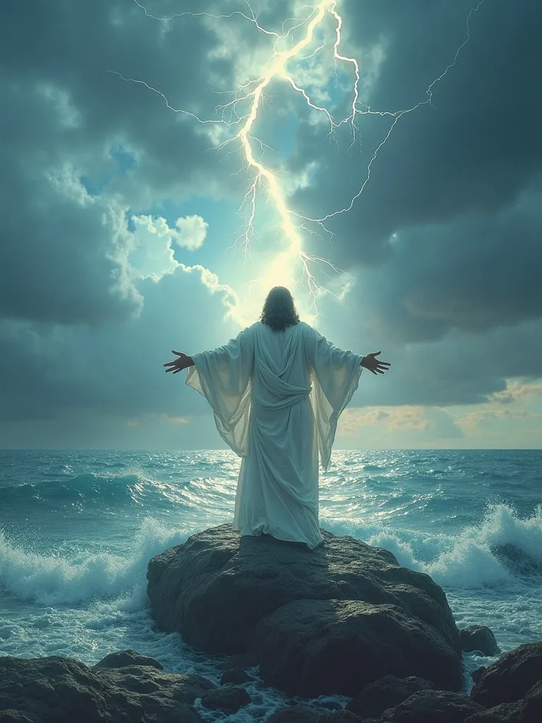 Vickers style, The graphics in the poster design are ocean colors, Living in the North Sea, Control thunderstorms at sea, portrait of jesus with white robe peacefully stand on a rock against dragon and opened his hands, Super sharp,Realistic details,Auspic...