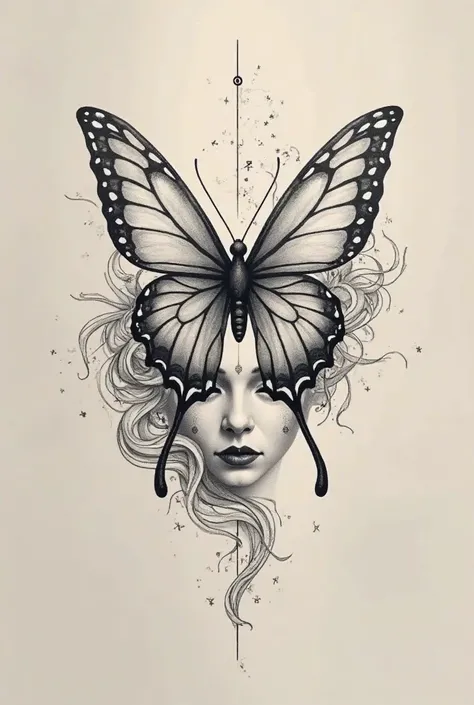 Create a linear style tattoo design in which you combine a butterfly and Medusa 
Make it a linear and simple style