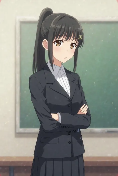 Anime Style, Close-Up, Classroom:
Miyuki, a tall and graceful girl, stands as she confidently answers a question. Her long, perfectly smooth black hair is tied in a high ponytail, secured with a delicate hairpin. Her sharp, composed eyes reflect intelligen...