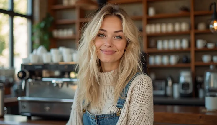 A blonde woman stands behind the counter of a cozy coffee shop, captured in a close-up shot. Her face shows a look of pleasant surprise, with wide eyes and slightly parted lips. Her tousled hair falls effortlessly around her face, and she wears a casual ye...