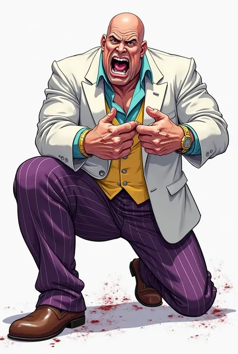 Marvel comics the kingpin wilson fisk, tall bara male wuth wide shoulders, muscular with pot belly, bald head with clean shave, white suit with purple stripped trouser,inner light blue shirt, yellow waist coat, golden wrist watch and expensive diamond and ...