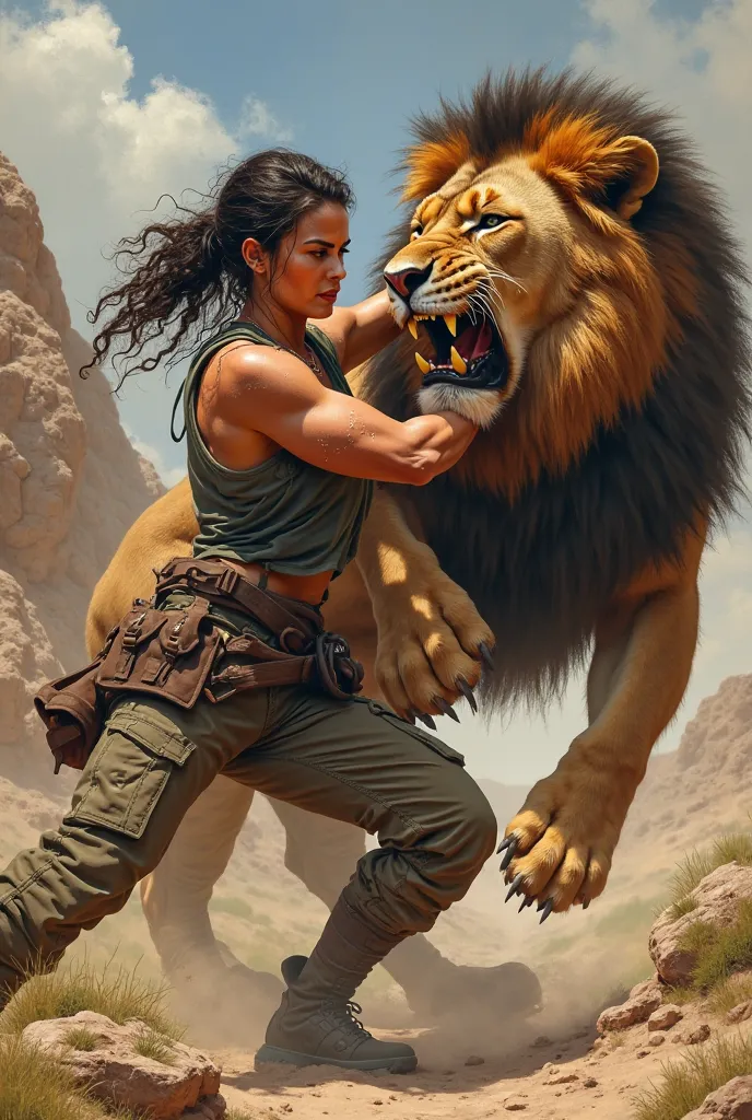 Woman fighting a lion 