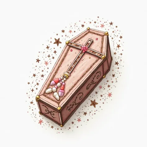 3d, Dessin au crayon, white background, shades of brown ,  light pink and taupe, filaments graphiques et abstraits, Haute définition, ajouter au centre a coffin, ornements pearls and stars en parfaite harmonie avec l'ensemble de l'image