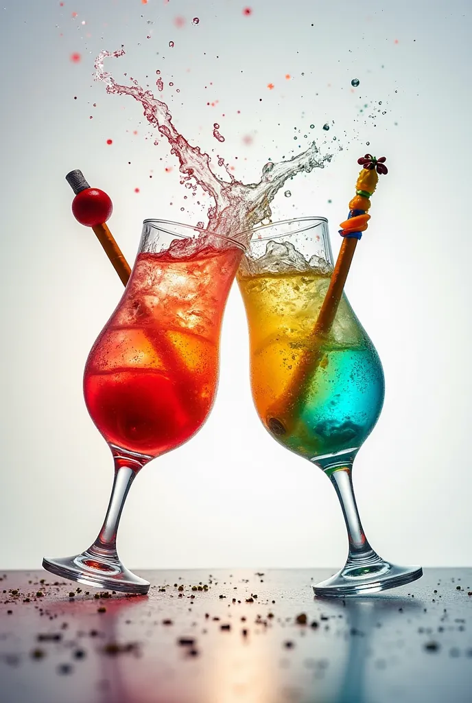 Realistic image of two transparent glasses colliding with colorful cocktails, with a colorful cigarette each decorated with fruit for a cocktail advertisement