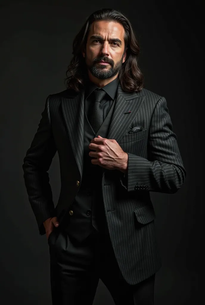  elegant and stately man, wearing a well-fitted black chalk striped suit. He has long, dark hair, a well-groomed beard and an intense look.  your stance is confident . reinforcing an aristocratic and mysterious air. The dark background and dramatic lightin...