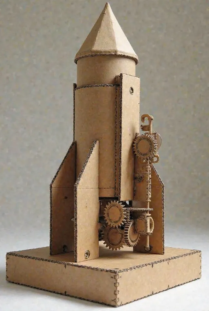 "A simple rocket launcher on a platform, a gear mechanism to lift the launcher, and a second gear mechanism to rotate the it, done by cartons for a science project.