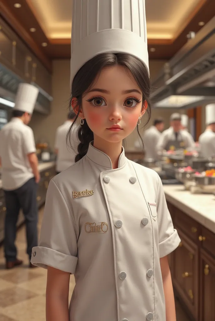 Create an image of a young girl in a kitchen of a grand hotel wearing a chef's suit with Bernice written on it 
