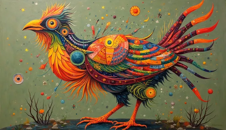 Image is a surreal, abstract painting featuring a fantastical bird-like creature composed of vibrant, swirling patterns and shapes. The creature is set against a muted olive-green background, which enhances the vivid colors of the subject. The bird's body ...