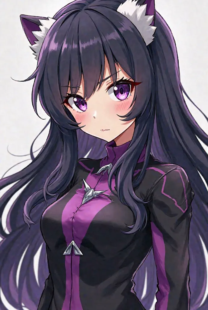 A girl from My Hero Academia long hair with bangs her hair color is black, purple, white tufts and a black and purple suit with long sleeves, like the anime My Hero Academia, with a serious personality.  