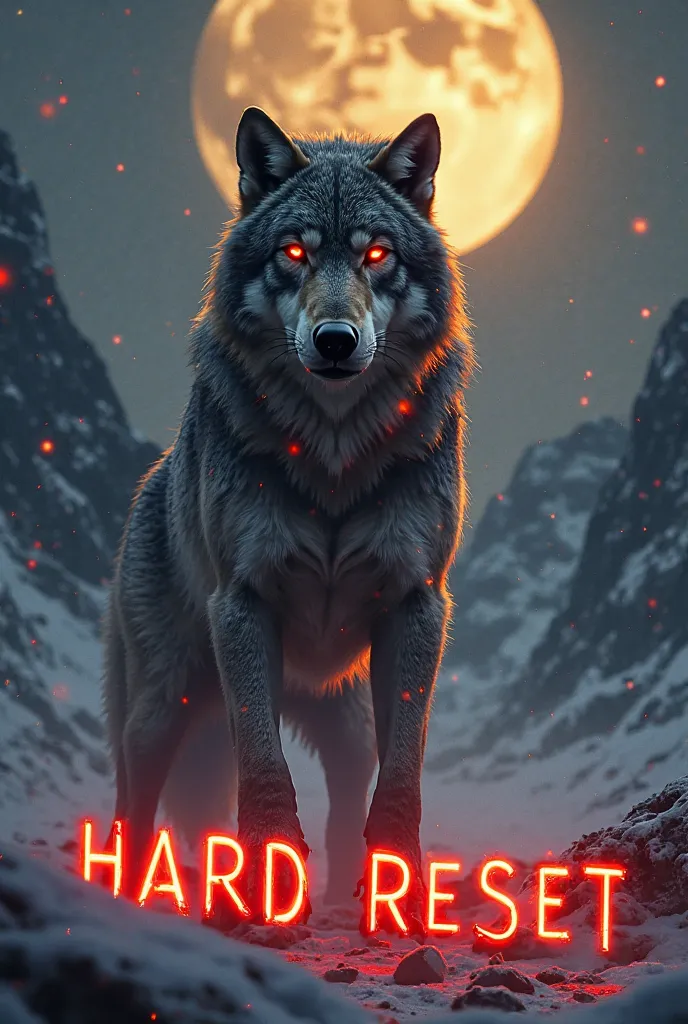 "Wild wolf red eyes injured alpha getting up in night snow, bright red blood on white snow, visible scars,  determined eyes , golden moonlight, black mountains background, 8K hyperrealistic style, red-black-white-gold palette, ℌ𝔄ℜ𝔇 ℜ𝔈𝔖𝔈𝔗 en letras rojas co...