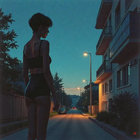 Hirhiroshi nagai painting. Sleep paralysis.  Silhouette. Retro futuristic. Mundane suburban town. Poland 