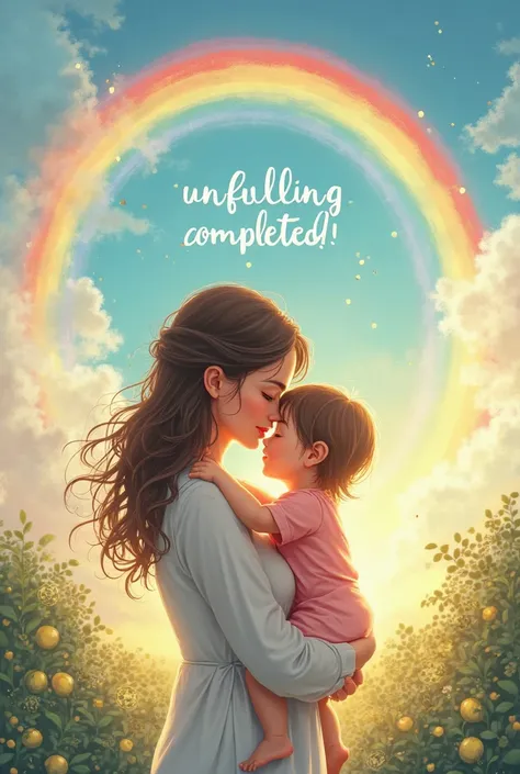 "Illustration of a mother and  embracing, with a rainbow in the background and the phrase 'Unfurling Completed!'written in the sky.