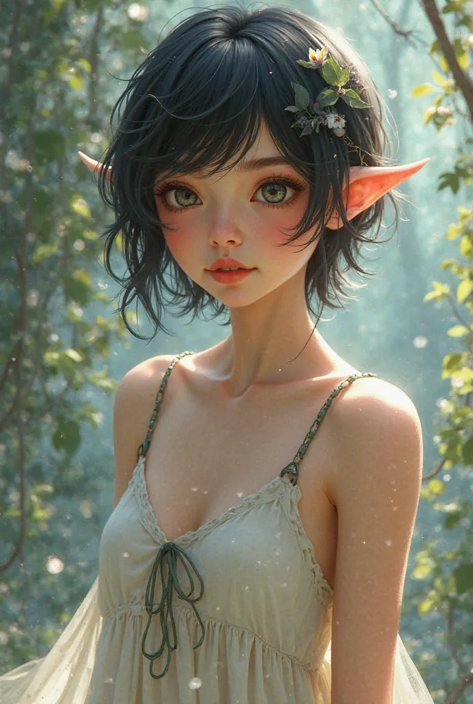 Draw an elf girl with short hair and a dress with straps that is in front and has black hair 