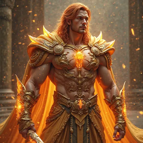 Make a 3d full body hyper photorealistic character of the hero. incredibly handsome and extremely muscular body builder with narrow waist and big muscular legs and big well rounded buttocks. Wearing small crown band. Medium length reddish blond loose curly...