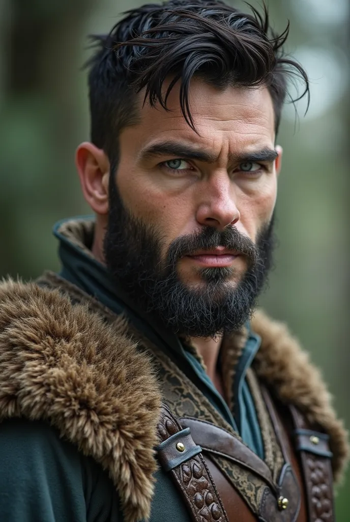 Generate a Druid man with an athletic build,  light leather balcony,  short black hair ,  thick eyebrows, blue-gray eyes and shaved beard with Celtic clothes without tattoos. Take as a reference the physical appearance of Henry Cavill 