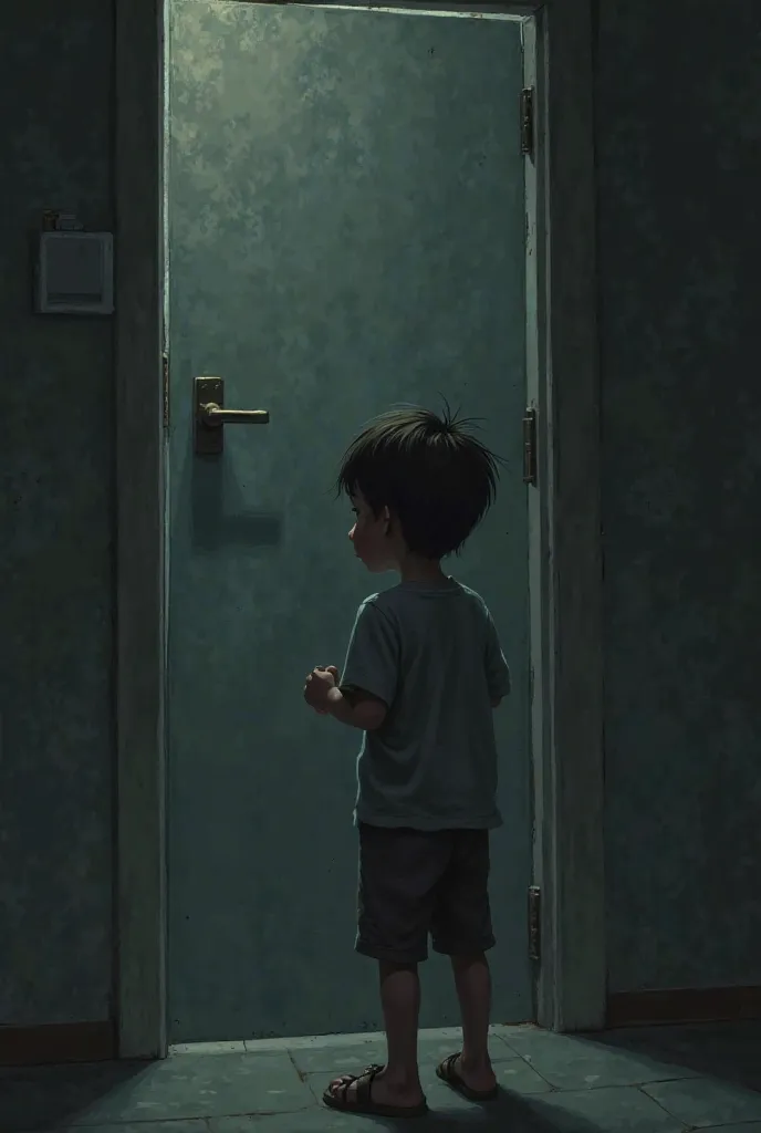 Boy watching a closed door 