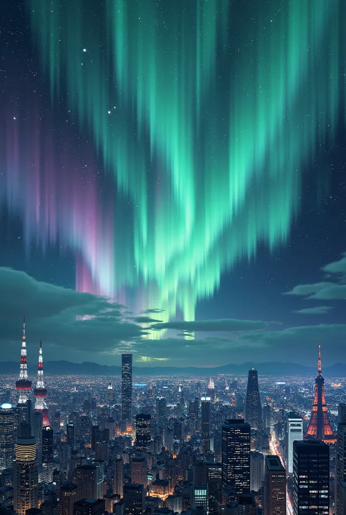 Ultra-realistic capture, Highly detailed, Aurora Borealis over the Tokyo sky.