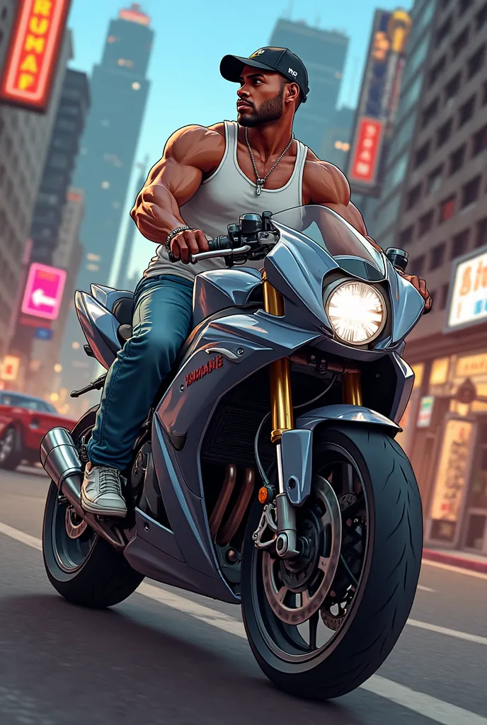 Cj from GTA driving a Yamaha Sz-r motorcycle