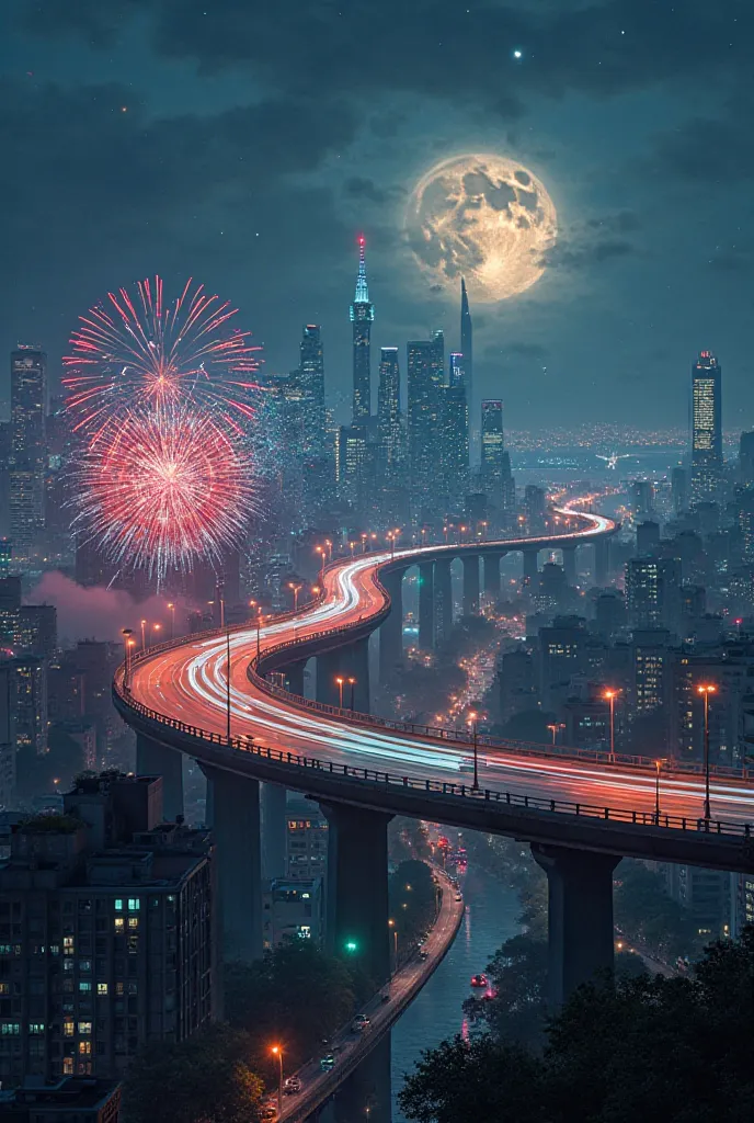 imagine a fantastic iconic elevated express way in a futuristic mordern City at night .Some cars Ongoing on the elevated express way.full moon, coment shower,and some red, green, blue fireworks are firing