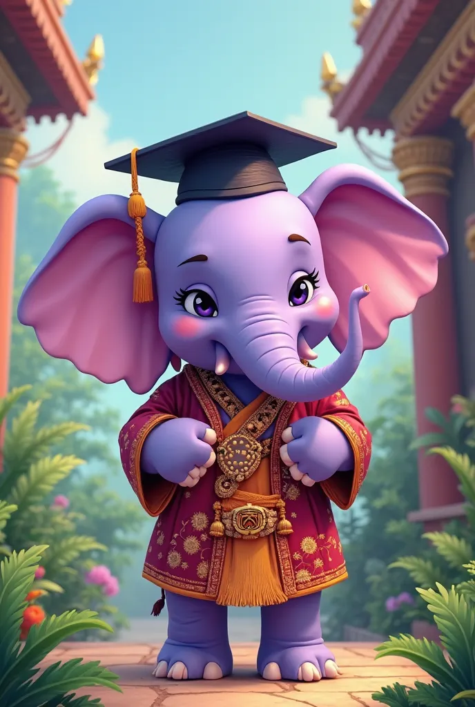 a cartoon purple elephanta graduation cap on its head, wearing a thailand traditional costume