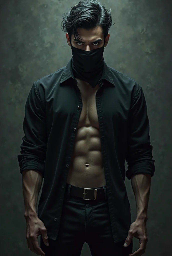  Paren,  Tall (189 cm ) with partially bare abs. The lower half is hidden under the mask. dark eyes, black hair. He's wearing a black shirt and black jeans, with a cheeky, mocking look